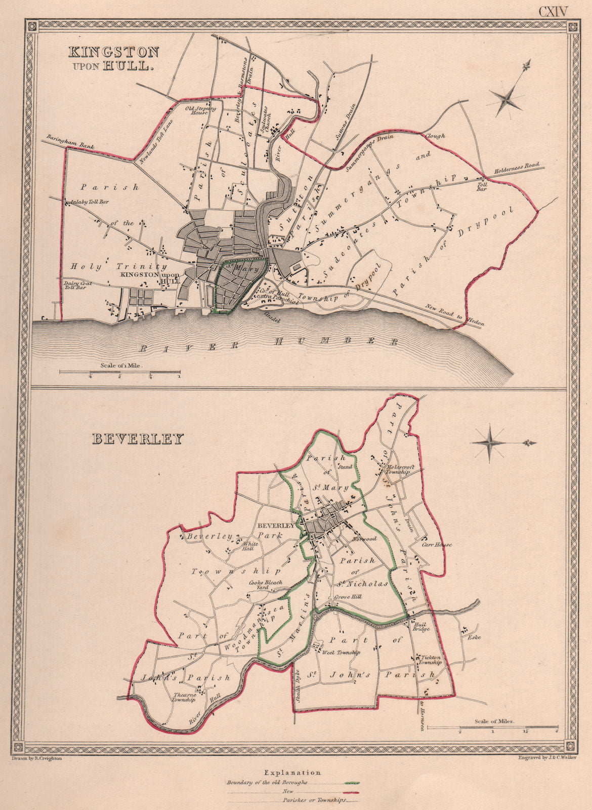 E YORKSHIRE TOWNS. Kingston-upon-Hull Beverley plans. CREIGHTON/WALKER 1835 map